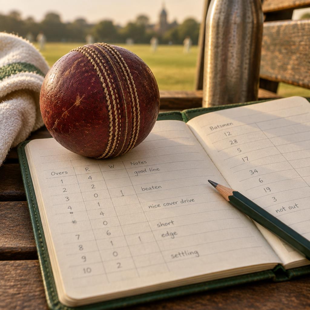 A cricket ball on an open score notebook